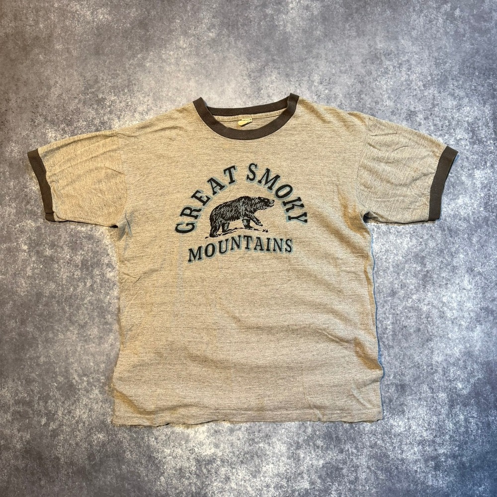 Vintage 60s Great Smoky Mountains Bear Ringer T-Shirt Gray Mens Large USA